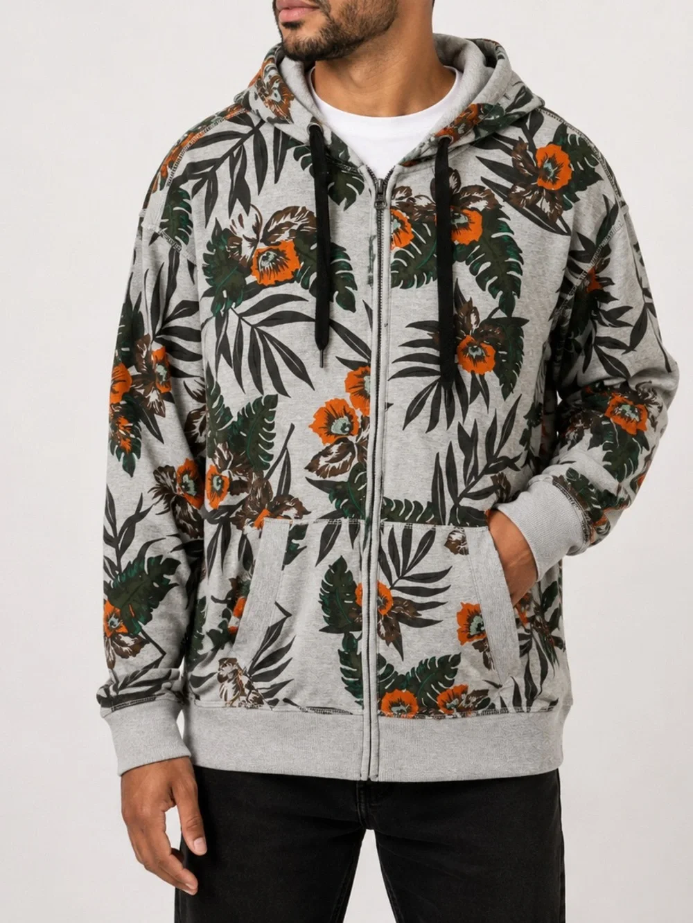 Sean John Tropical Floral Full Zip Hoodie Gray Orange Green Size XL